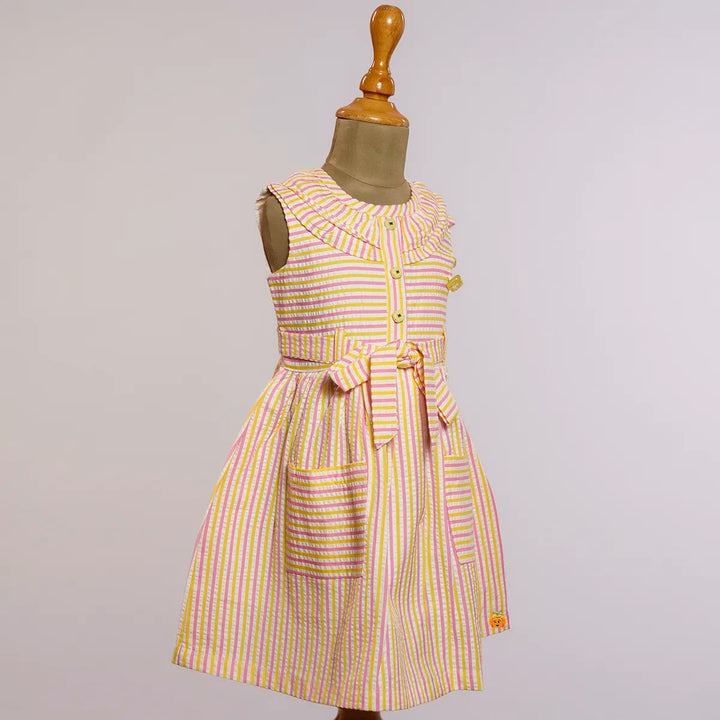 Yellow Striped Pattern Cotton Frock for Girls Side View