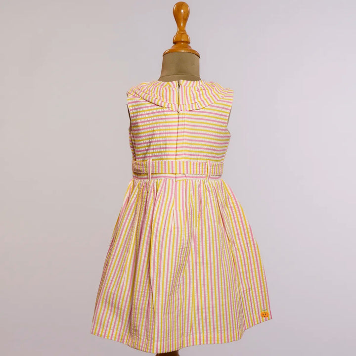 Yellow Striped Pattern Cotton Frock for Girls Back View