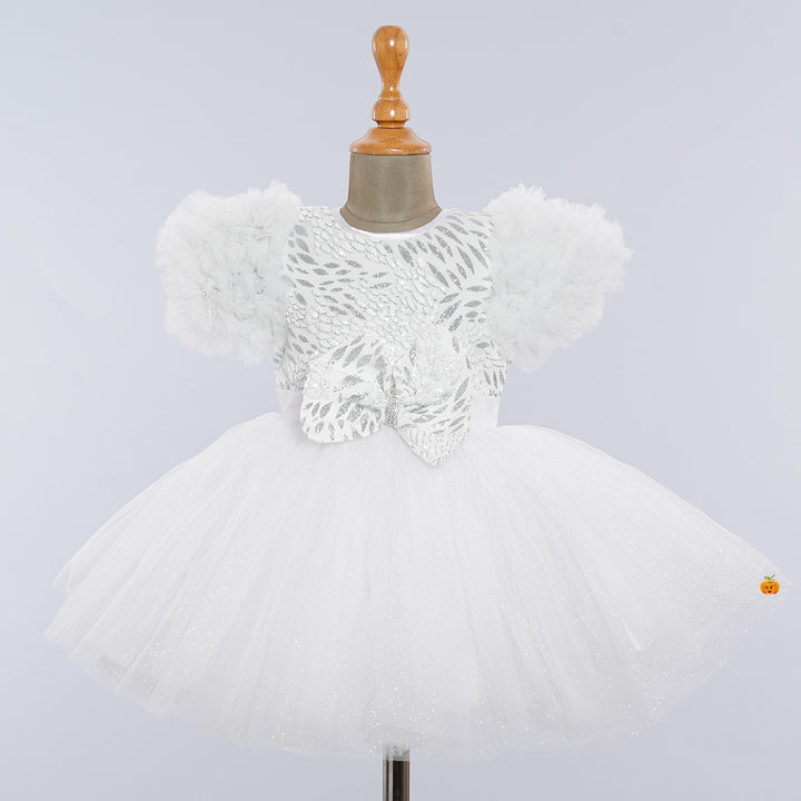 White Ruffled Sleeves Bow Designer Girls Frock Front View
