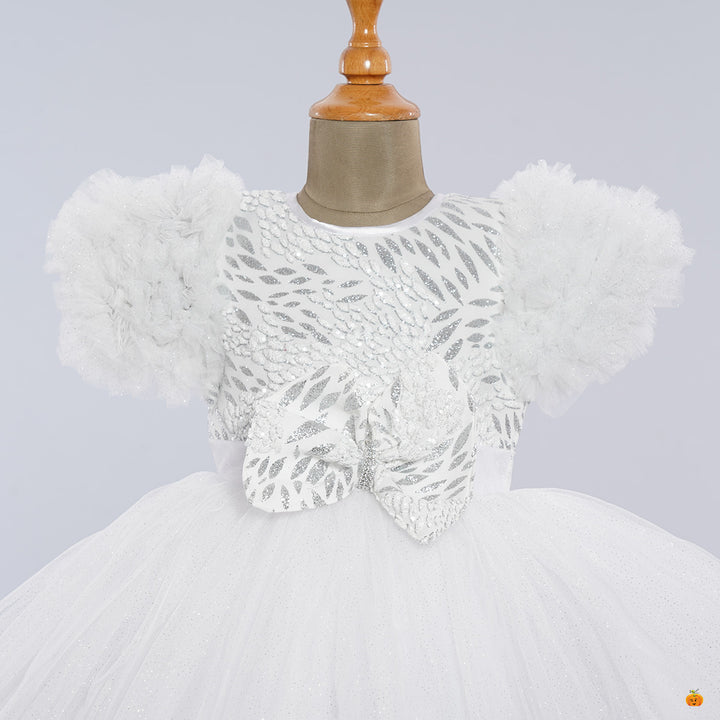 White Ruffled Sleeves Bow Designer Girls Frock Close Up View