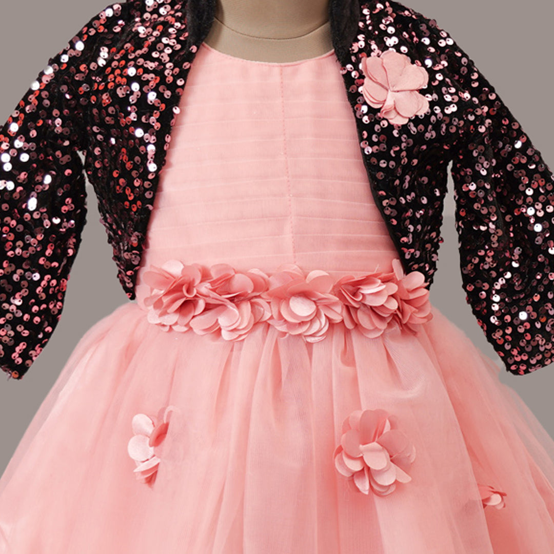 Sequins Party Wear Kids Frock with Jacket Close Up View