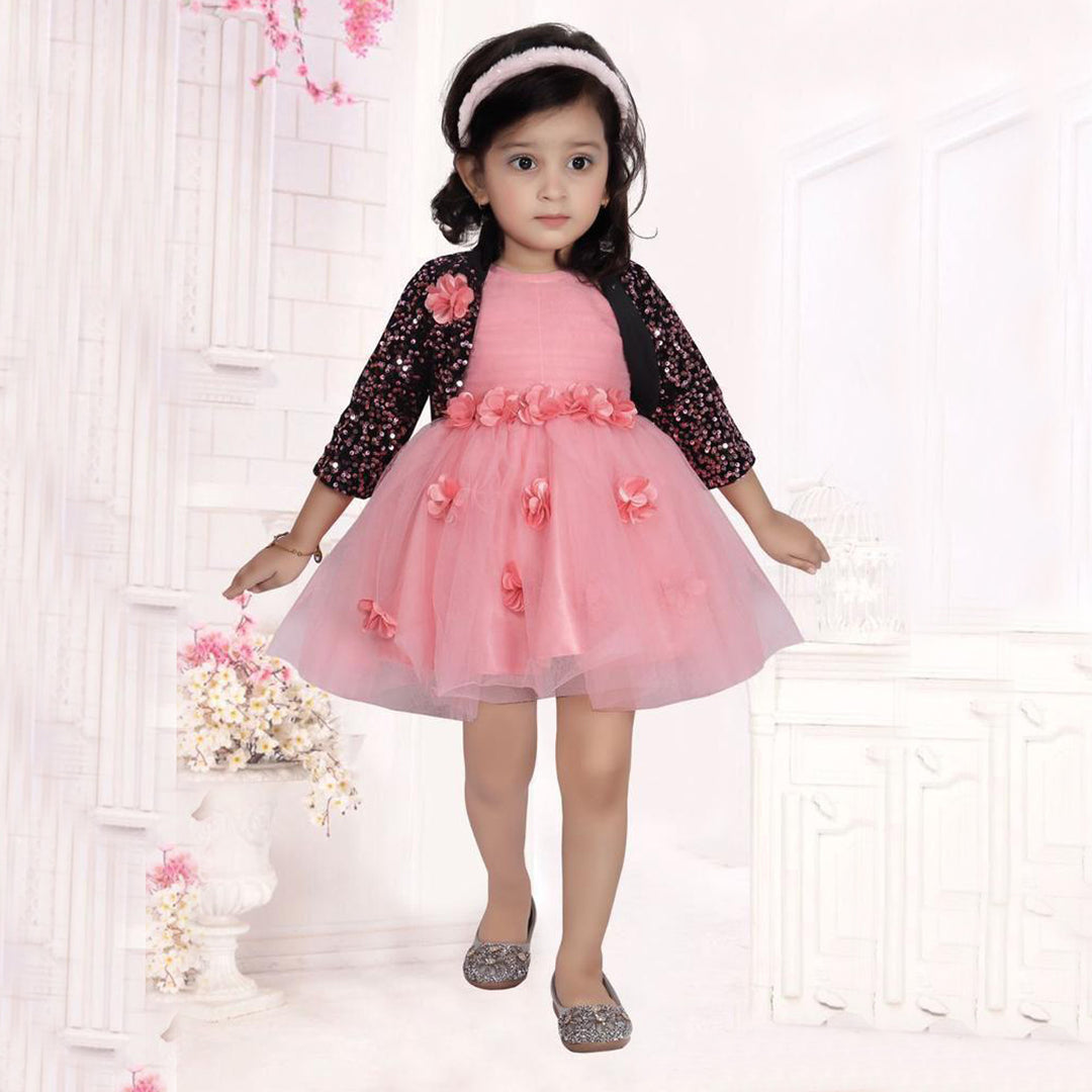 Sequins Party Wear Kids Frock with Jacket Model Front View