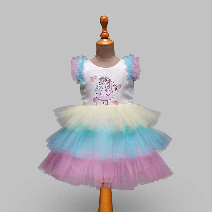 White Baby Frock in Unicorn Colour Frills Front View