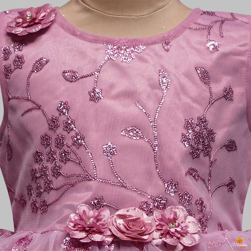 Pink Peplum Girls Frock with Ruffle Pleats Close Up View