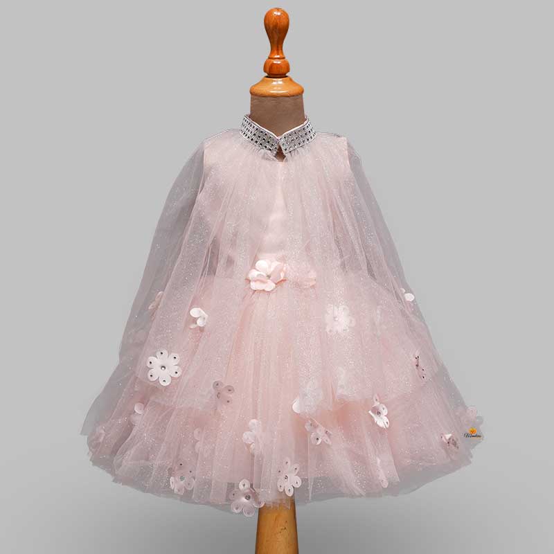 Daisy Peach Girls Frock with Net Cloak Front View