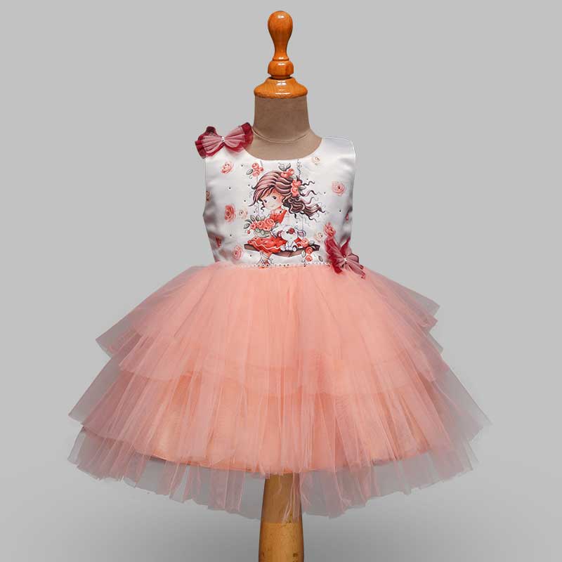 Frock For Girls And Kids With Cartoon CharacterPeach