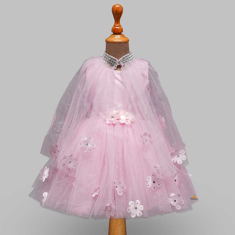 Daisy Peach Girls Frock with Net Cloak Pink