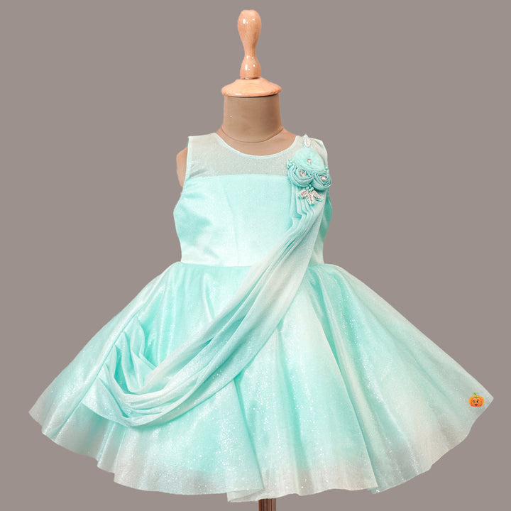 Sea Green Party Wear Frock for Kids with Glitter Patterns Front View