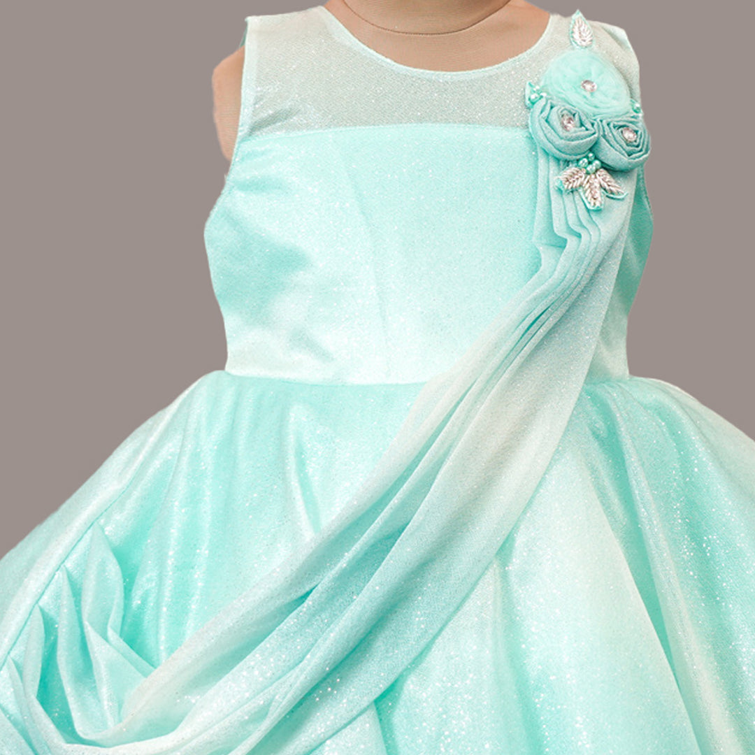 Sea Green Party Wear Frock for Kids with Glitter Patterns Close Up View