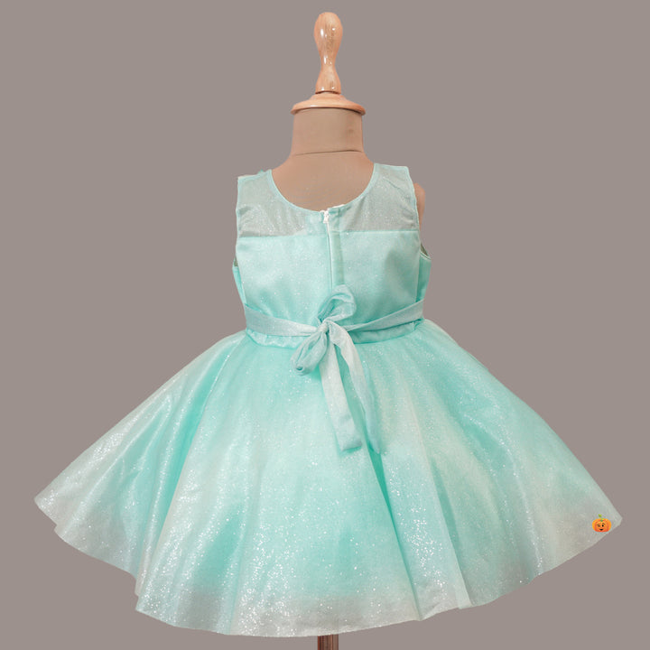 Sea Green Party Wear Frock for Kids with Glitter Patterns Back View