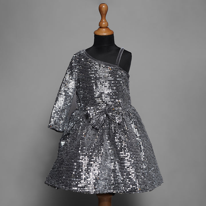 One sided sleeves in Sequin Frocks Silver
