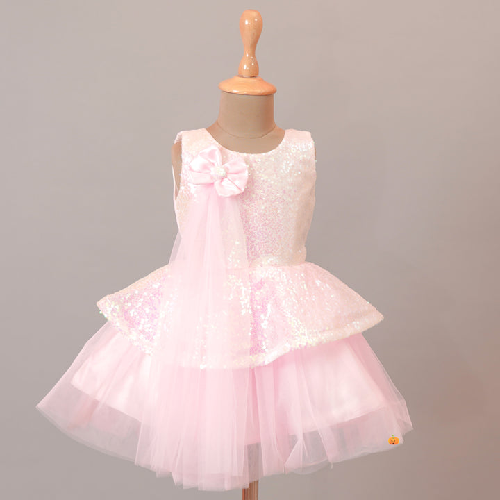Pink Party Wear Sequin Baby Frock Front View