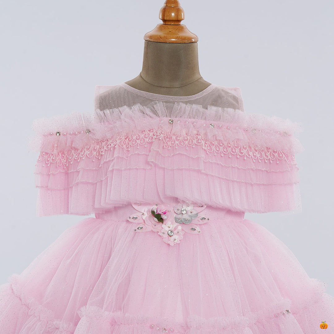Pink Off Shoulder Frock for Girls Close Up View