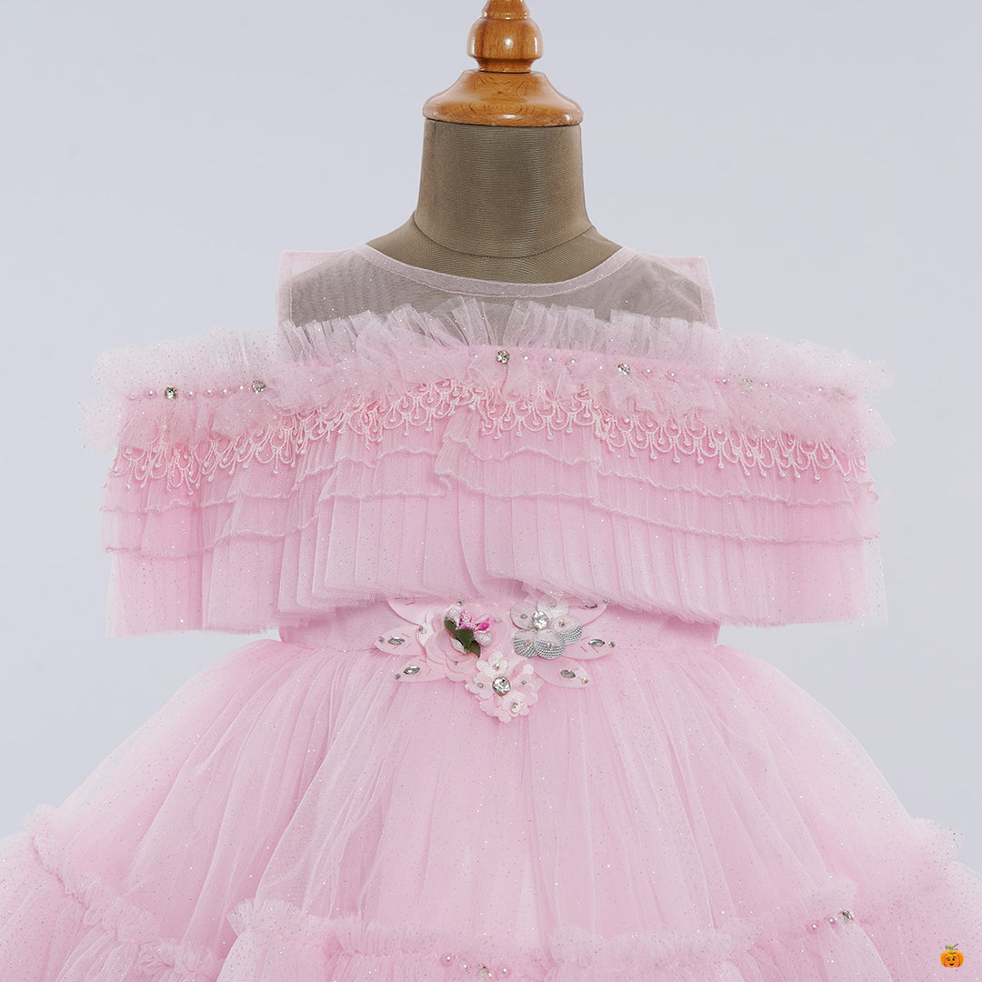 Pink Off Shoulder Frock for Girls Close Up View