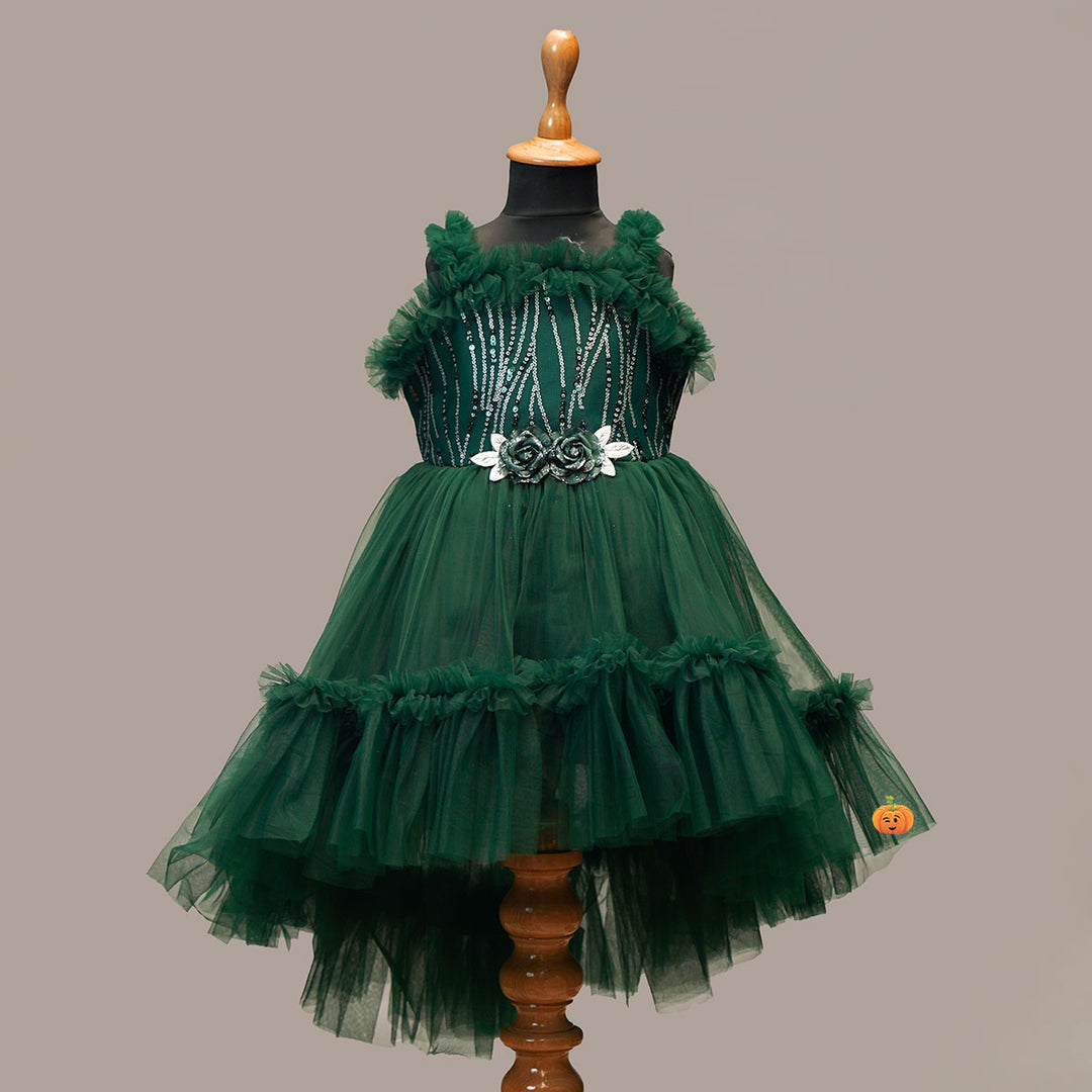 Green High Low Design Party Wear Girls Frock Front View