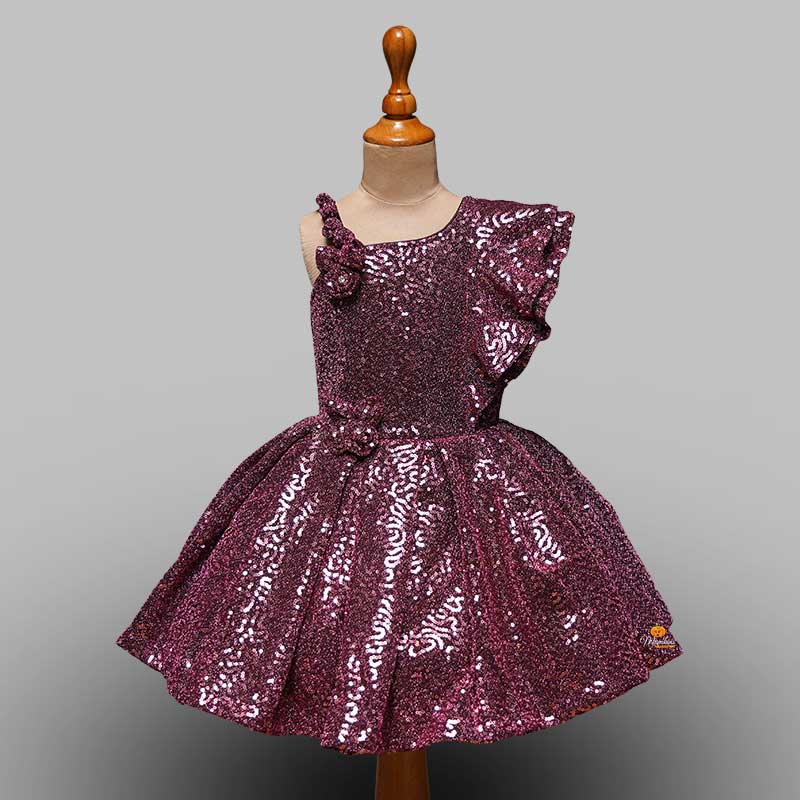 Sequin and One-sided Frill Sleeves Girls Frock Front View