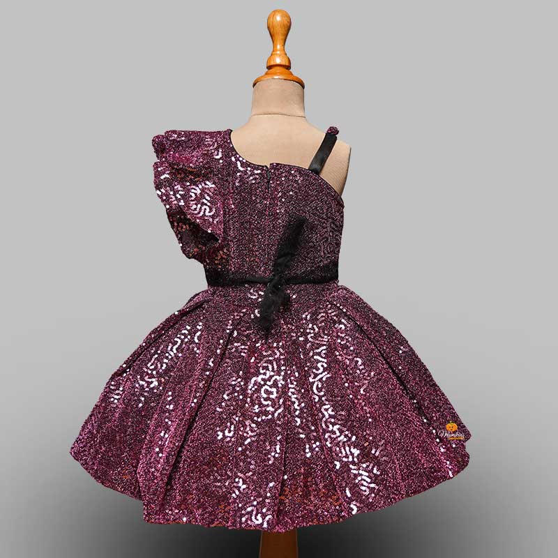 Sequin and One-sided Frill Sleeves Girls Frock Back View
