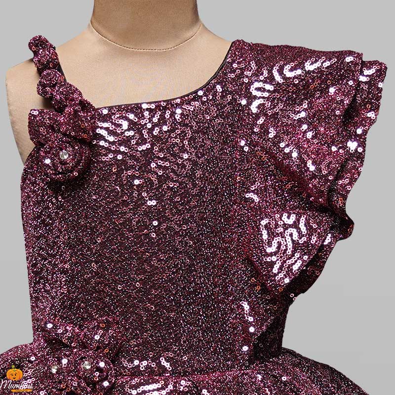 Sequin and One-sided Frill Sleeves Girls Frock Close Up View