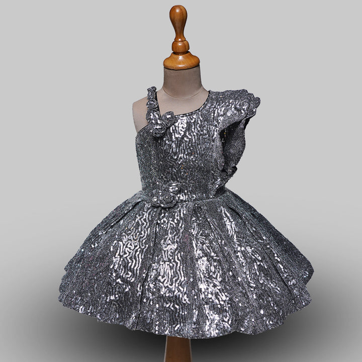 Sequin and One-sided Frill Sleeves Girls Frock Silver