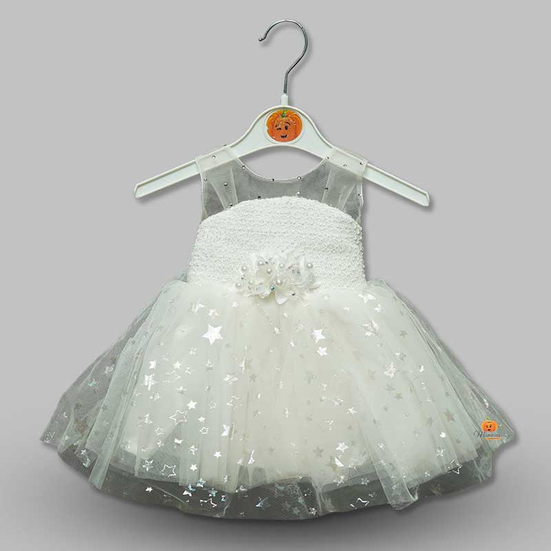 Soft Net Frock for Girls with Flower Applique White