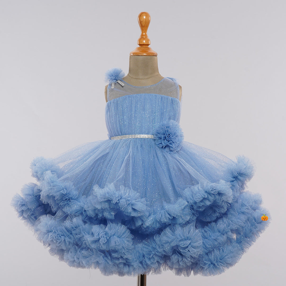 Blue Frill Layered Girls Frock Front View