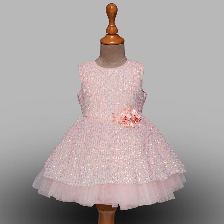 Pink and Blue Girls Frock with Floral Corsage Front View