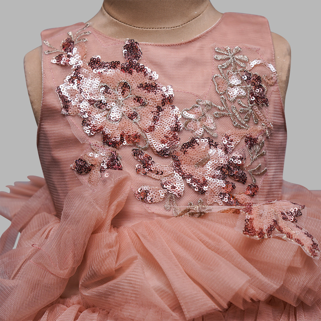 Onion Pink Frock for Kids with Ruffled Skirt Close up View