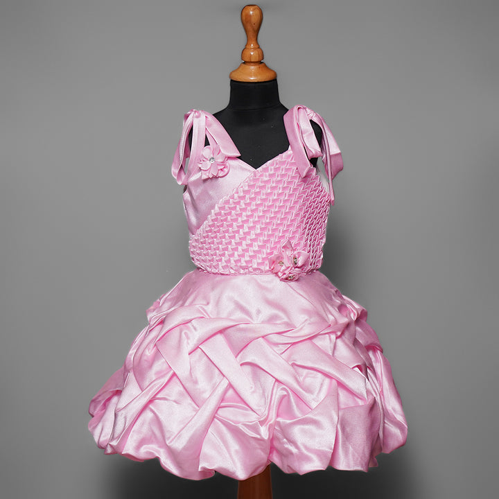 Pink Pleats in Frock for Girls with Tie Knot Front View