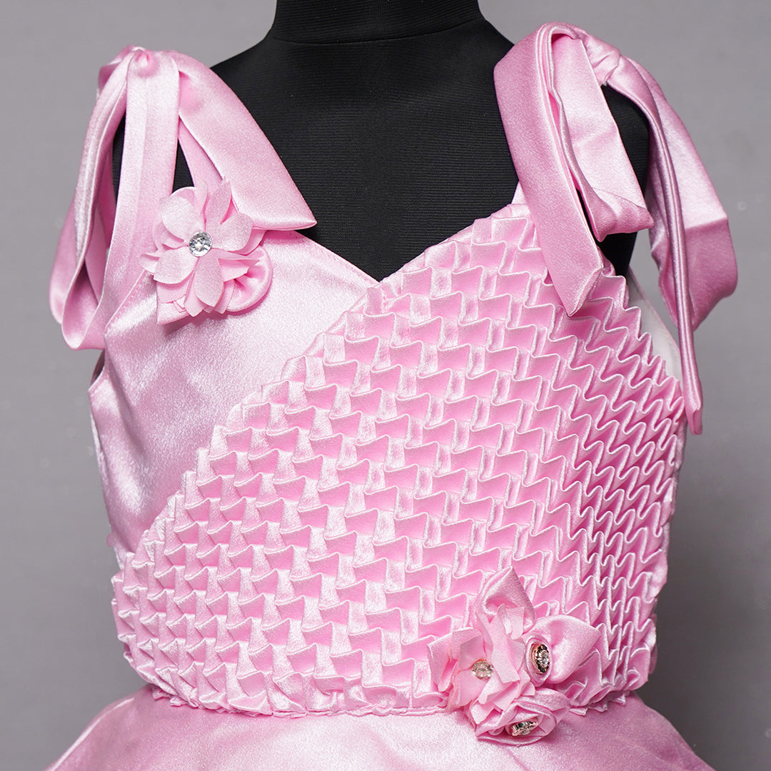 Pink Pleats in Frock for Girls with Tie Knot CLose Up View