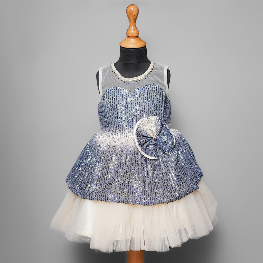 White and Grey Sequin Frock for Girls in Layer Front View