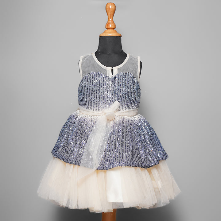 White and Grey Sequin Frock for Girls in Layer Back View