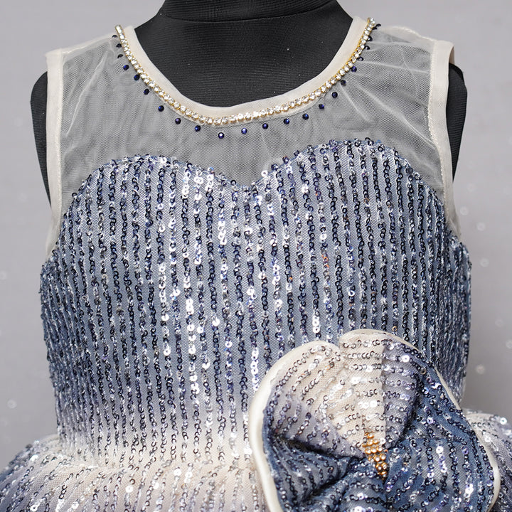 White and Grey Sequin Frock for Girls in Layer Close up View