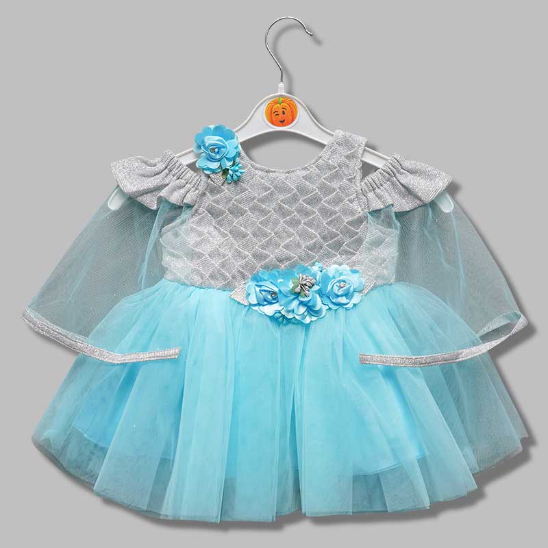 Blue-Grey Frock for Girls with Cape Sleeves Front View