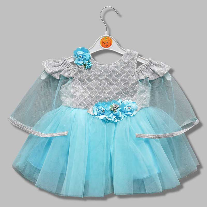 Blue-Grey Frock for Girls with Cape Sleeves Front View