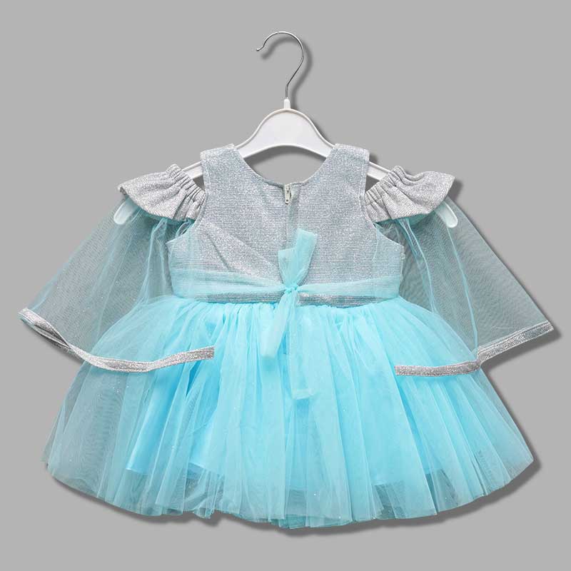 Blue-Grey Frock for Girls with Cape Sleeves Back View