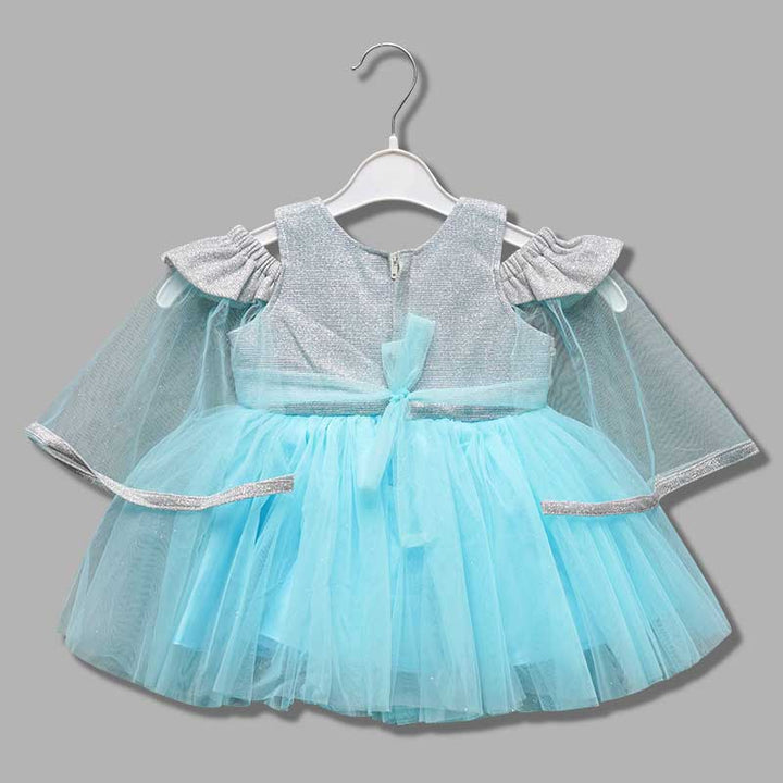 Blue-Grey Frock for Girls with Cape Sleeves Back View