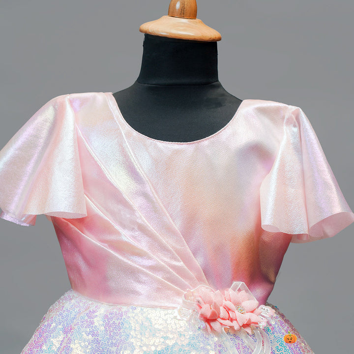 Pink Sequin Designer Party Wear Girls Frock Close Up View