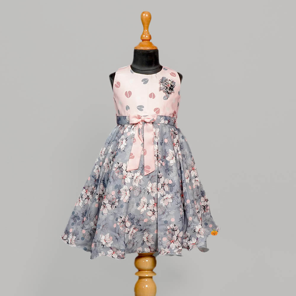 Pink & White Floral Party Wear Frock for Girls Front View