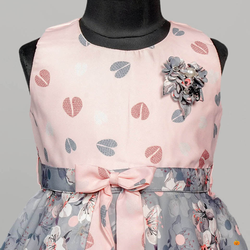Pink & White Floral Party Wear Frock for Girls Close Up View