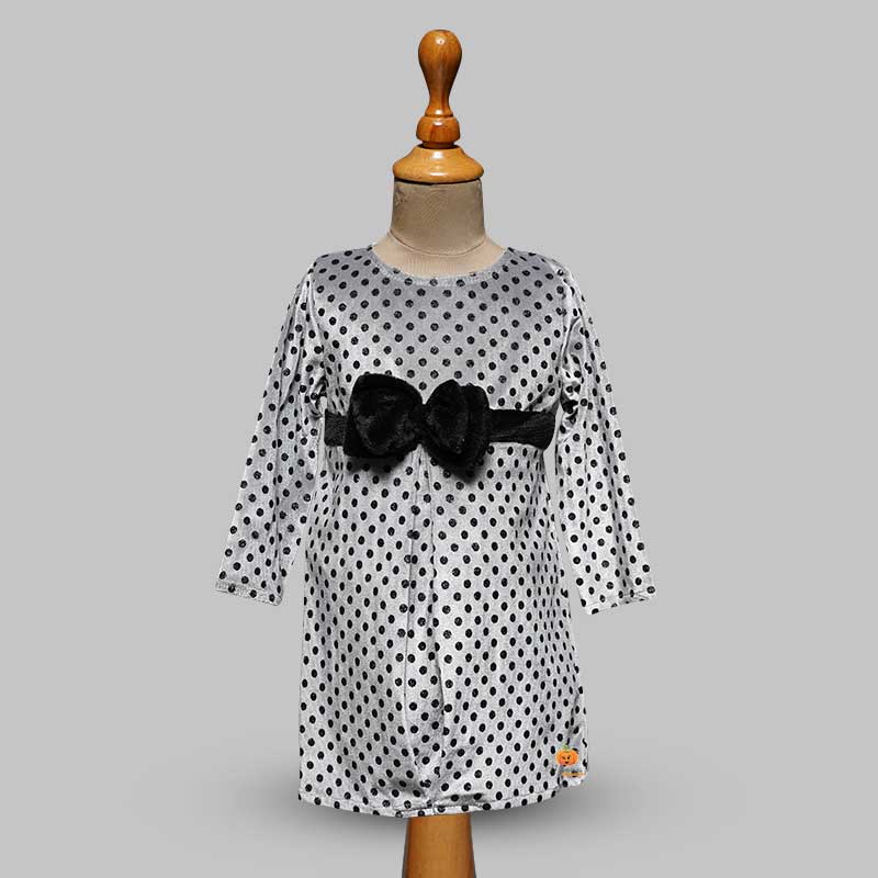 Silver Frock for Girls with Black Polka Dot Front View