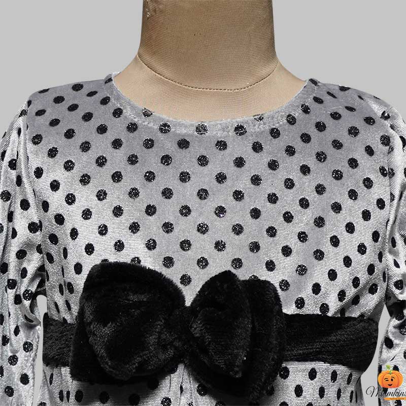 Silver Frock for Girls with Black Polka Dot Close Up View