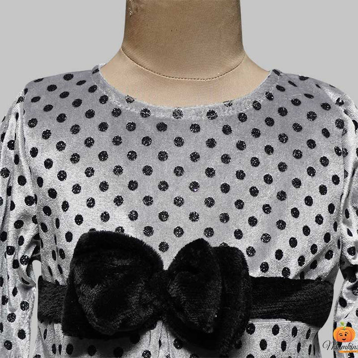 Silver Frock for Girls with Black Polka Dot Close Up View