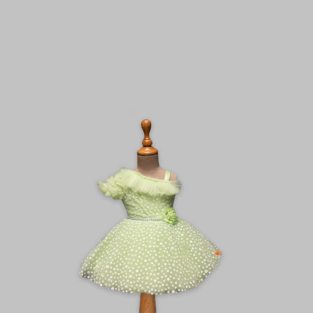 Pink & Green One Shoulder Party Wear Girls Frock