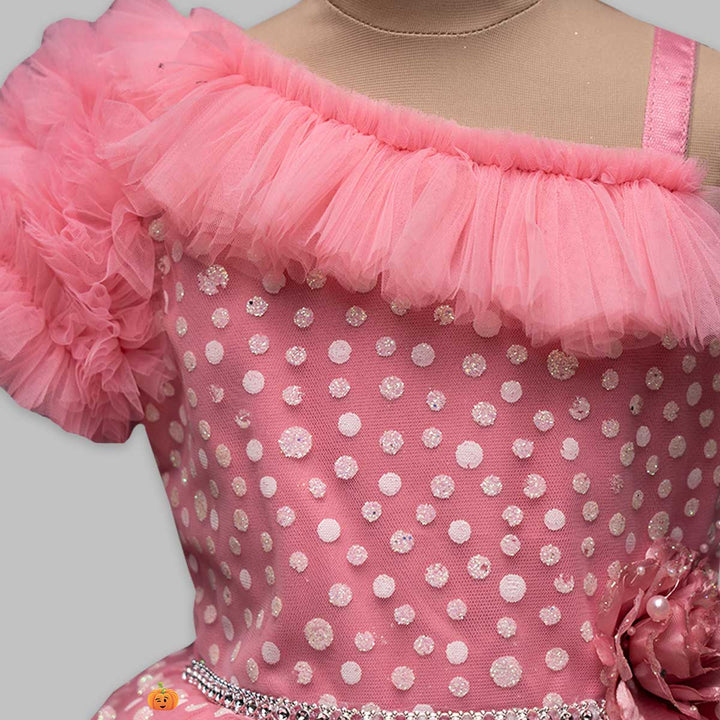 Pink & Green One Shoulder Party Wear Girls Frock