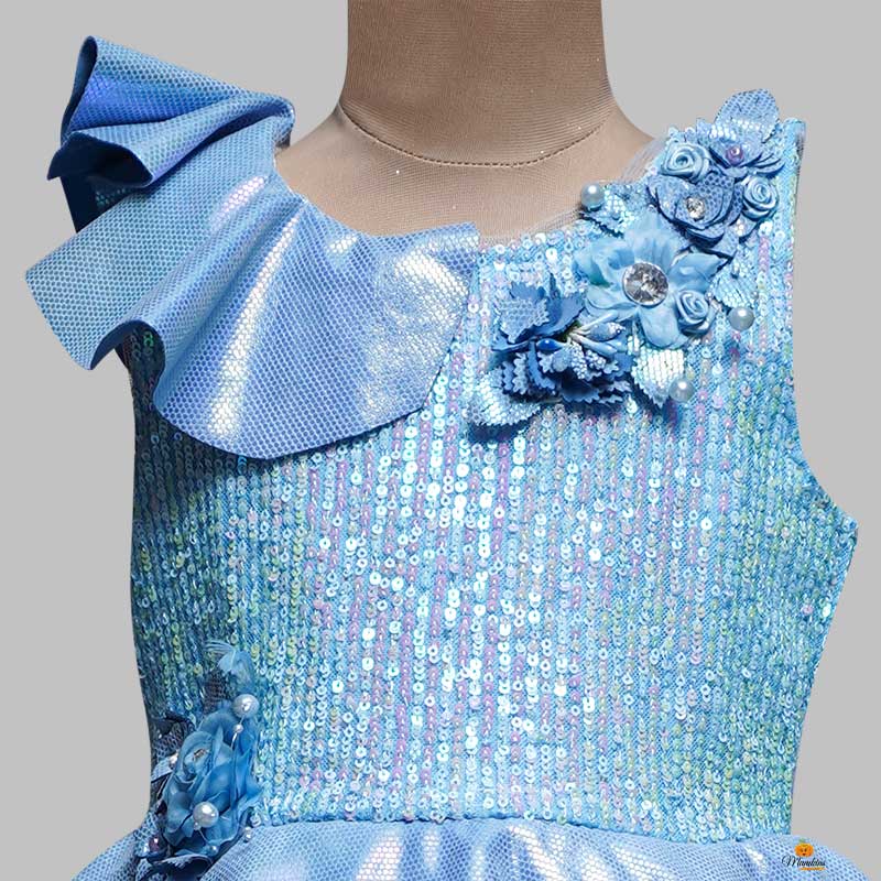 Shimmering Blue Girls Kids with Frill Applique Close Up View