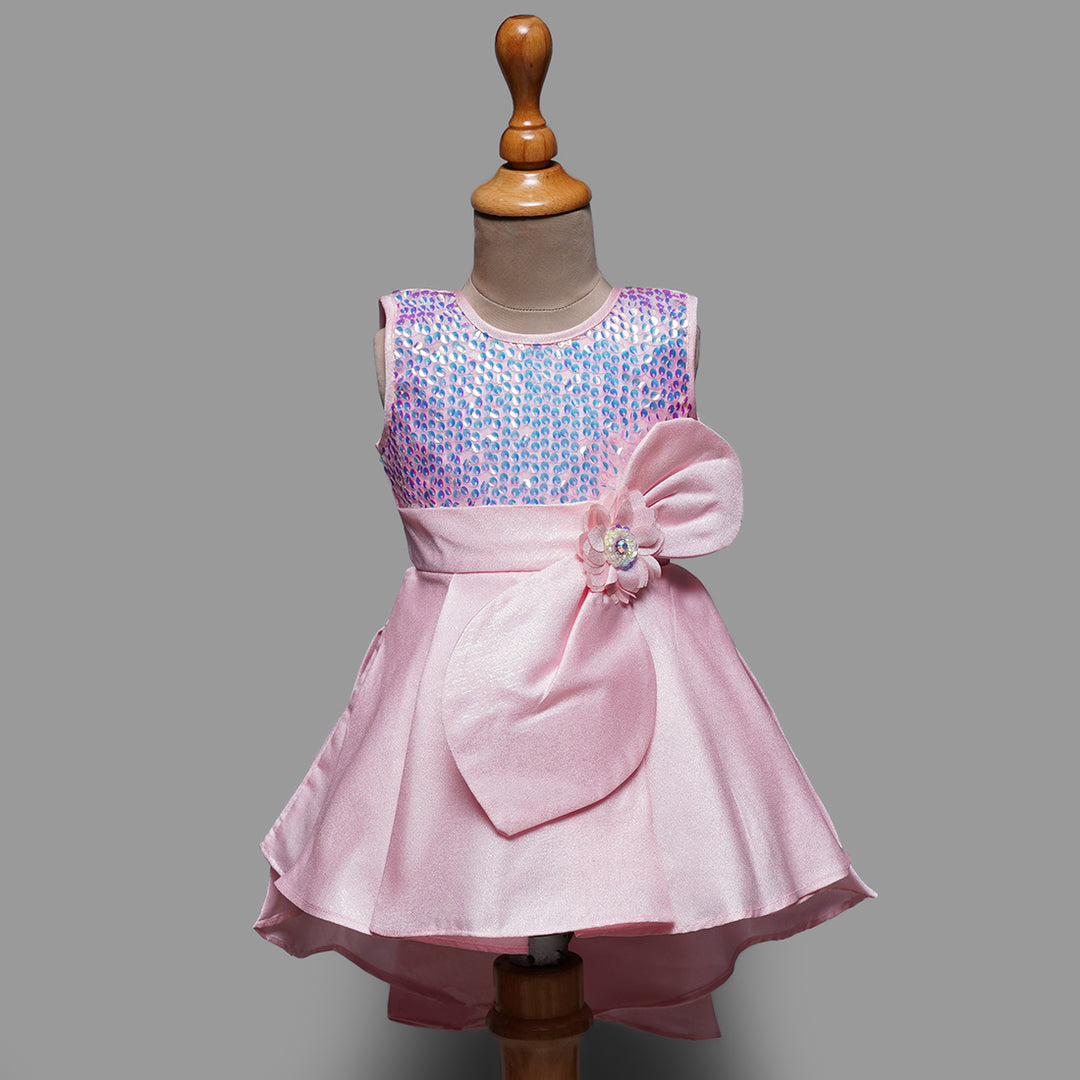Pastel Pink and Blue Girls Frock with Bow Front View
