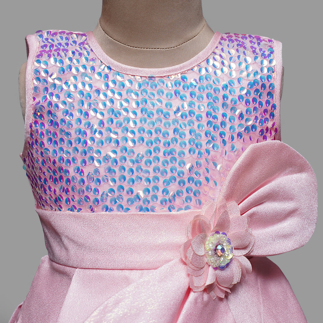 Pastel Pink and Blue Girls Frock with Bow Close up View