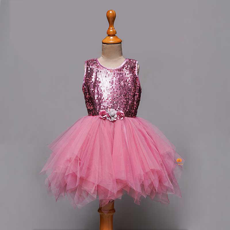 Sequin Net Pink Girls Frock with Flare 