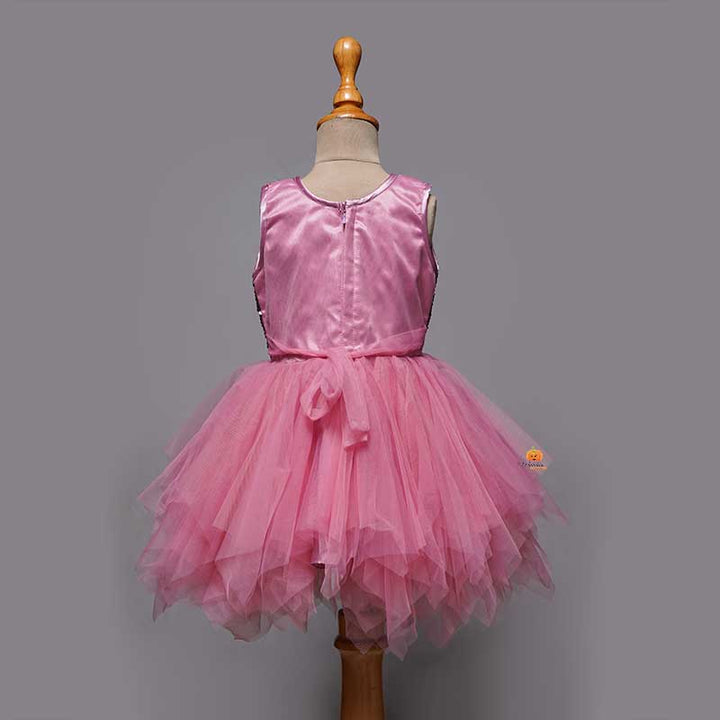 Sequin Net Pink Girls Frock with Flare Back View