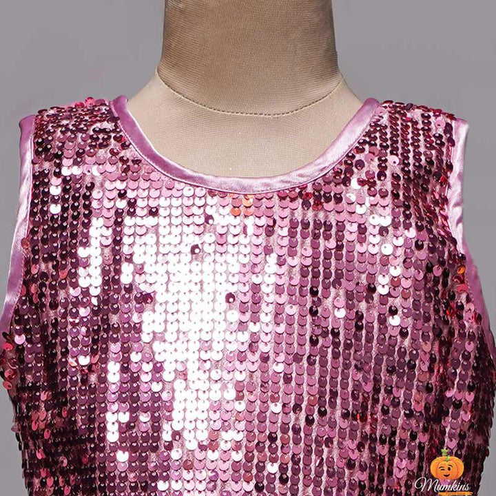 Sequin Net Pink Girls Frock with Flares Close Up View 